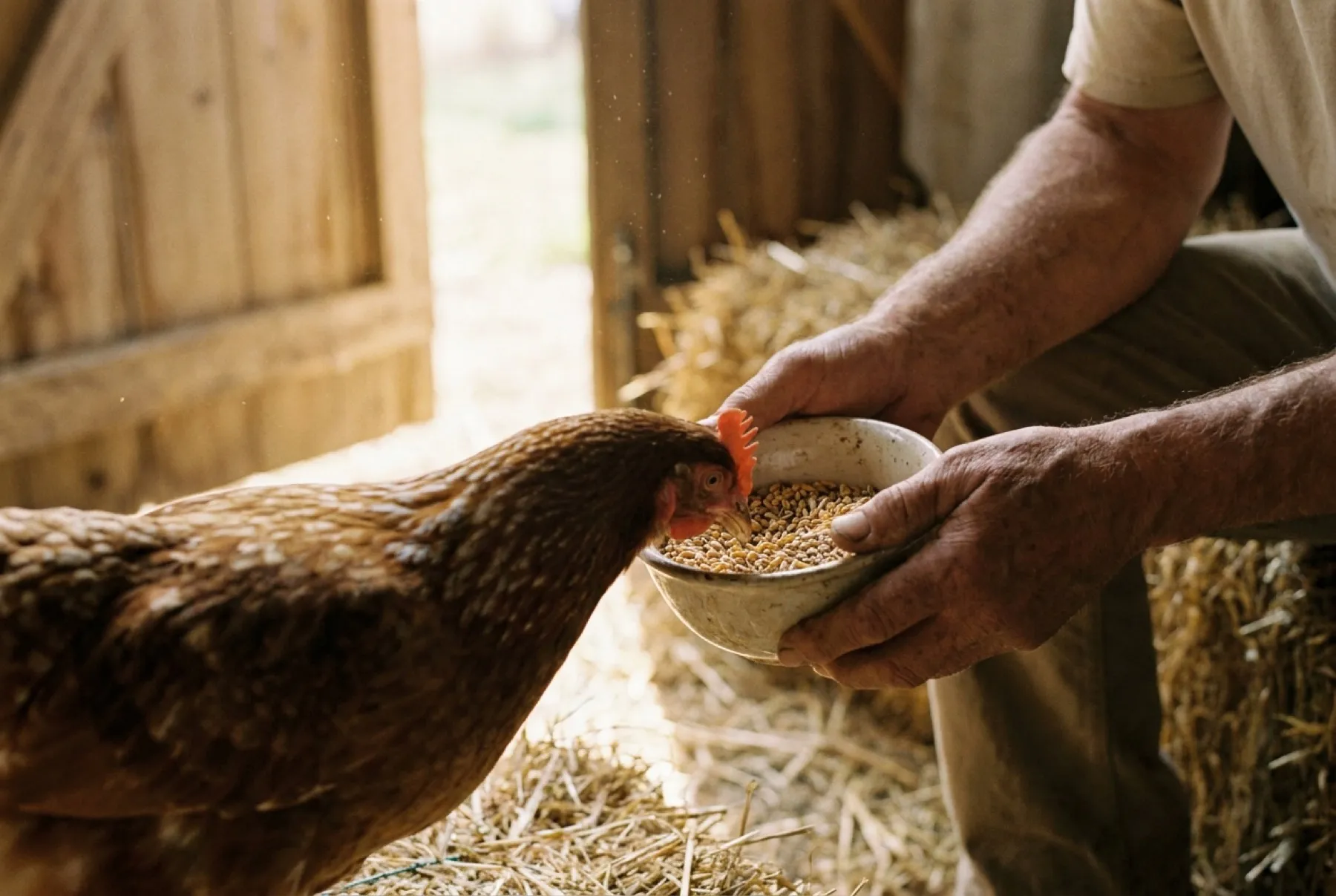 Hände halten eine Schale Körner, ein Huhn frisst daraus
