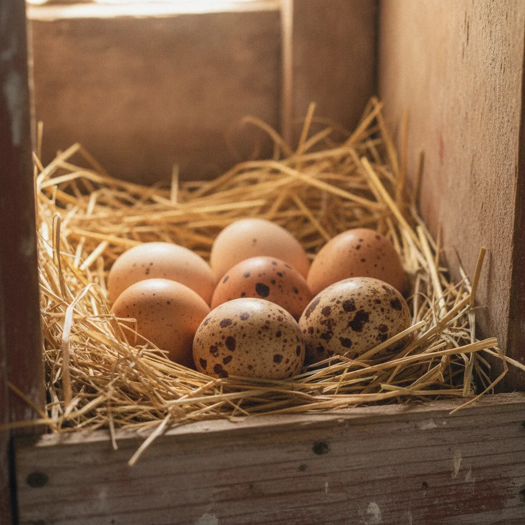 Braune Eier im Stroh eines hölzernen Legenests