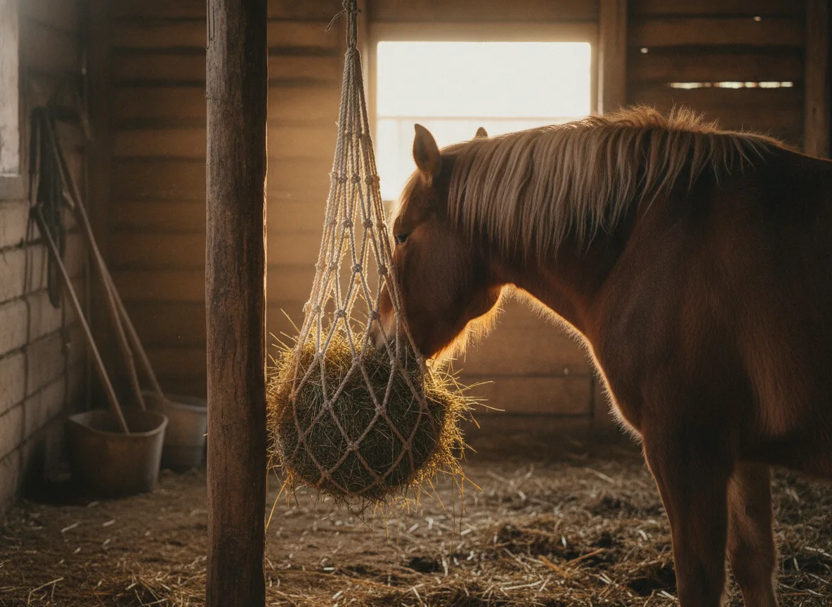 Pferd frisst Heu aus einem Heunetz im Stall