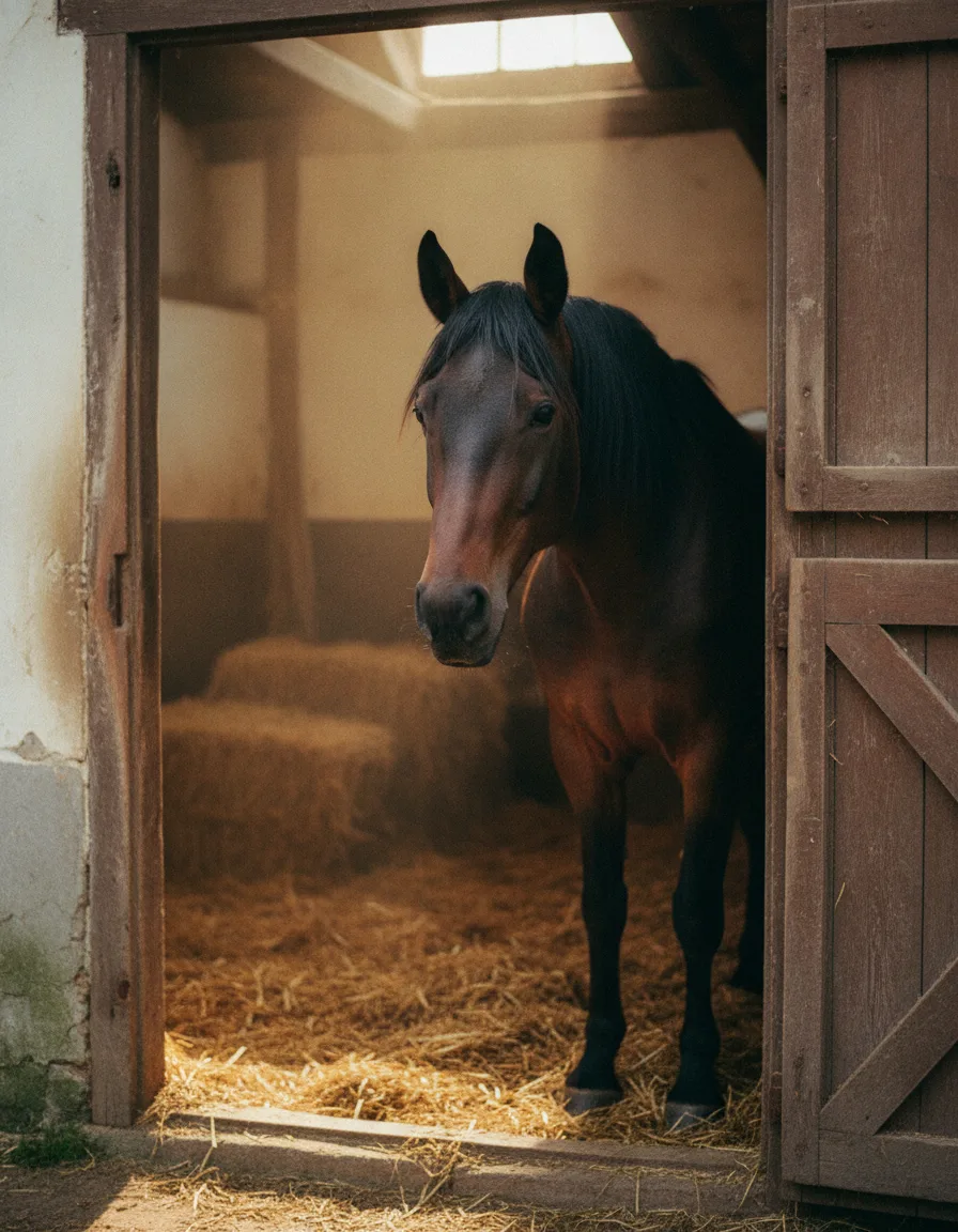 Dunkelbraunes Pferd in der Stalltür, Blick zur Kamera
