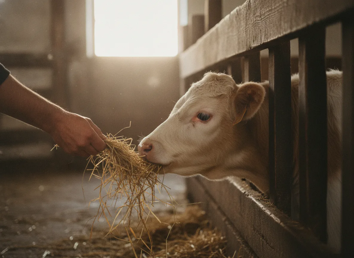 Eine Hand reicht einem Kalb Heu über den Futtertisch