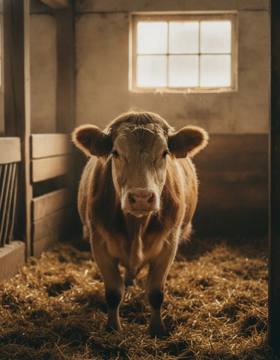 Rind im strohgestreuten Stall, Blick zur Kamera