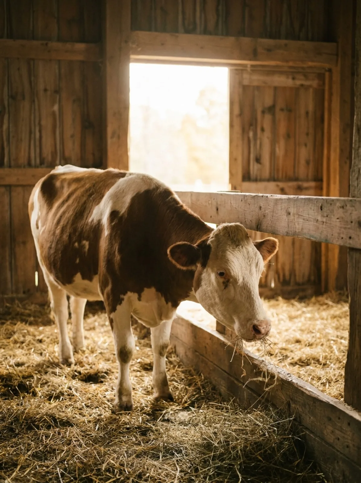 Rind am hölzernen Futtertisch im Stall