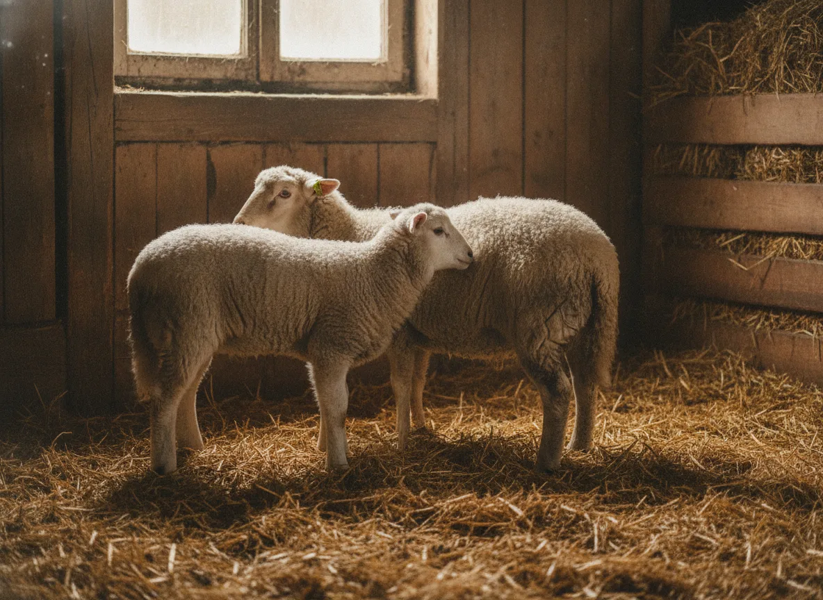 Lamm steht dicht bei seinem Mutterschaf auf Stroh