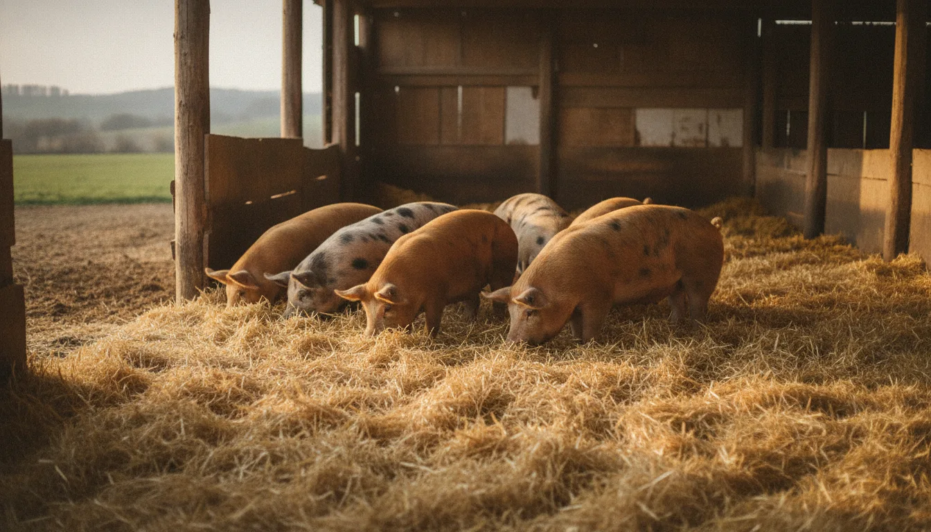 Schweine wühlen in tiefem Stroh in einer offenen Bucht mit Auslauf