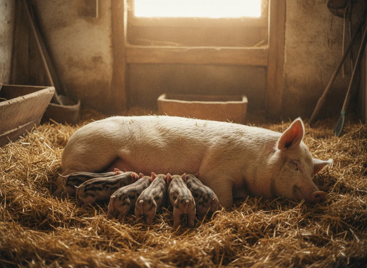 Ferkel säugen bei der im Stroh liegenden Sau