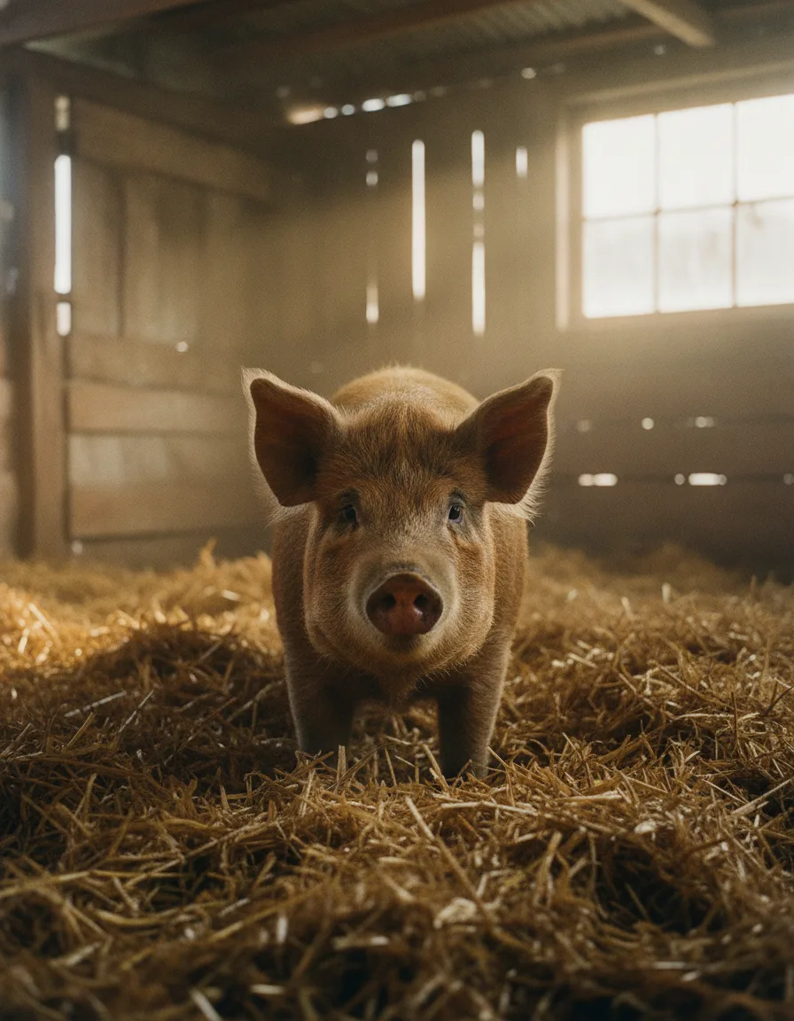 Schwein in tiefer Strohstreu im Holzstall, Blick zur Kamera