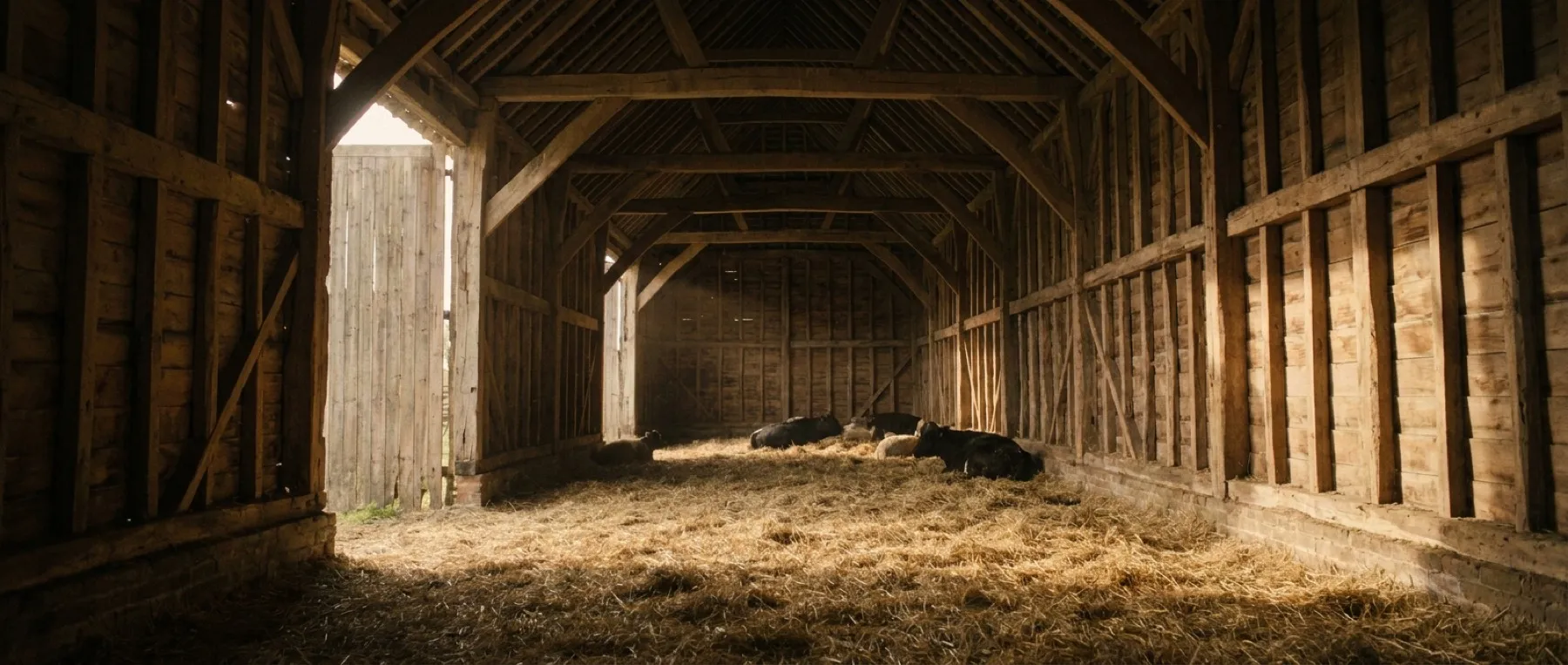 Weiter Blick durch einen offenen Stall, Licht fällt von der Seite auf Stroh und Holz